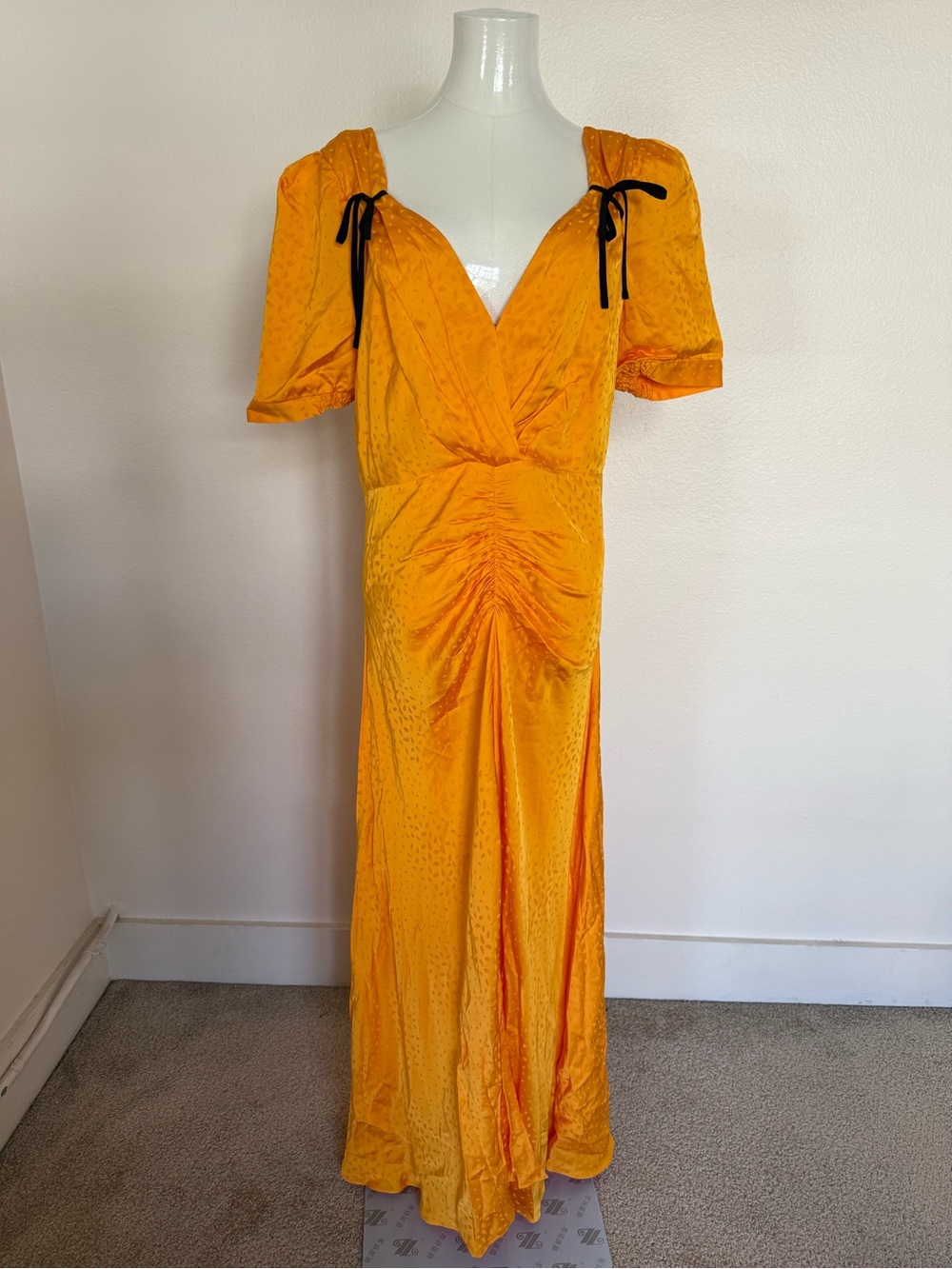 Self-Portrait Ruched V-Neck Maxi Dress with Black Tie Accents